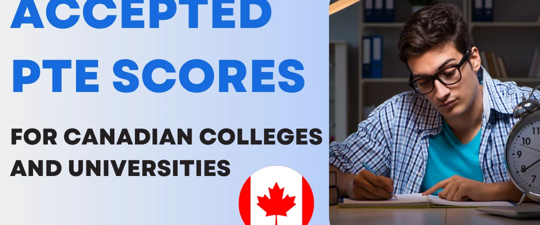 Student studying with books and clock, emphasizing the accepted PTE scores for Canadian colleges and universities in 2024 with a Canadian flag icon