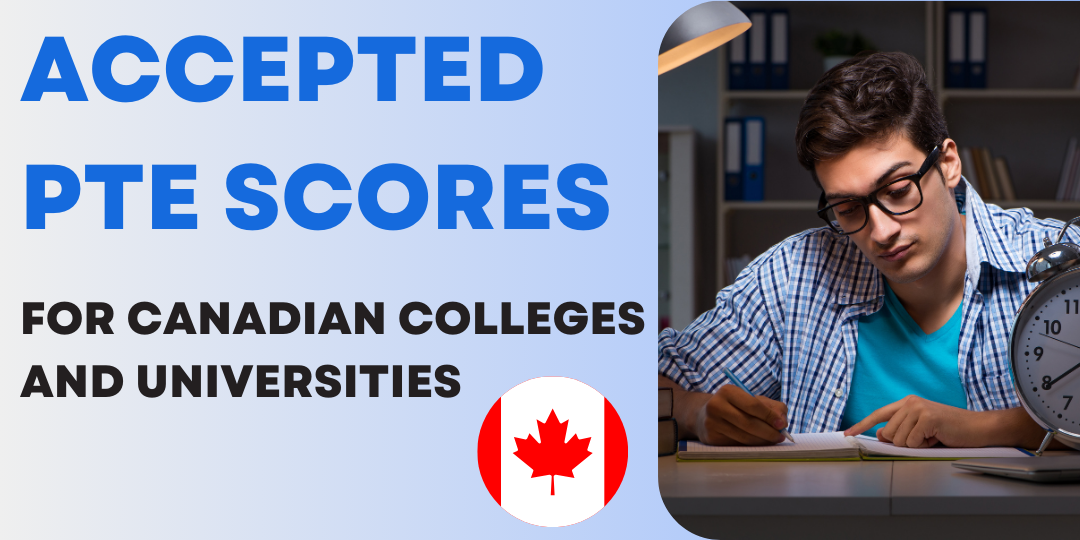 Student studying with books and clock, emphasizing the accepted PTE scores for Canadian colleges and universities in 2024 with a Canadian flag icon