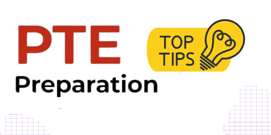 Graphic with 'PTE Preparation' text and a light bulb icon labeled 'Top Tips,' offering essential tips to achieve the minimum PTE score required for Canada