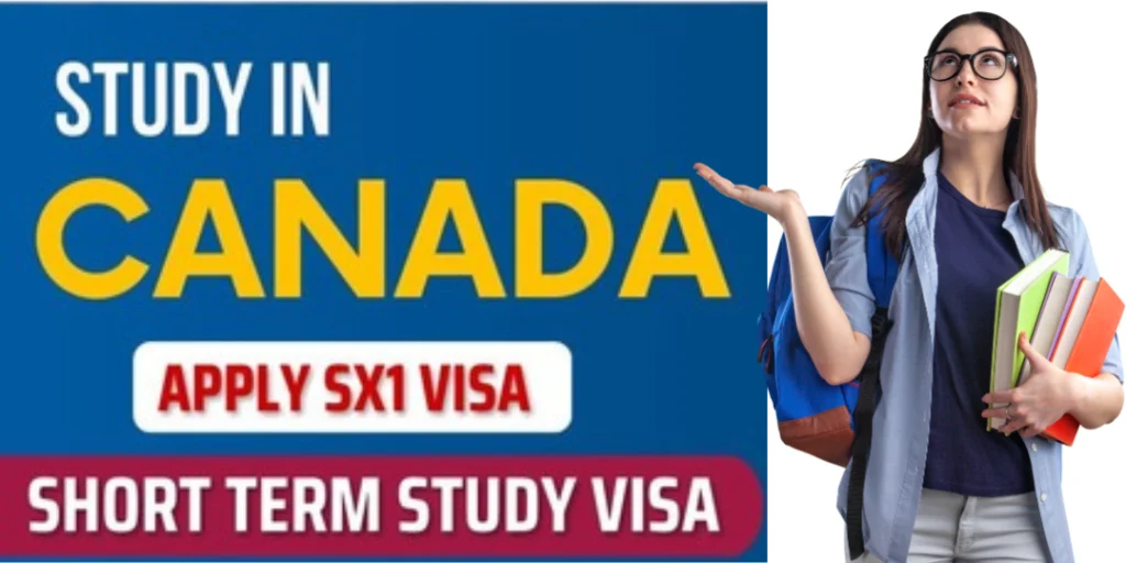 Student holding books and looking upwards, next to text promoting the application for SX1 Visa to study in Canada, highlighting the short-term study visa process