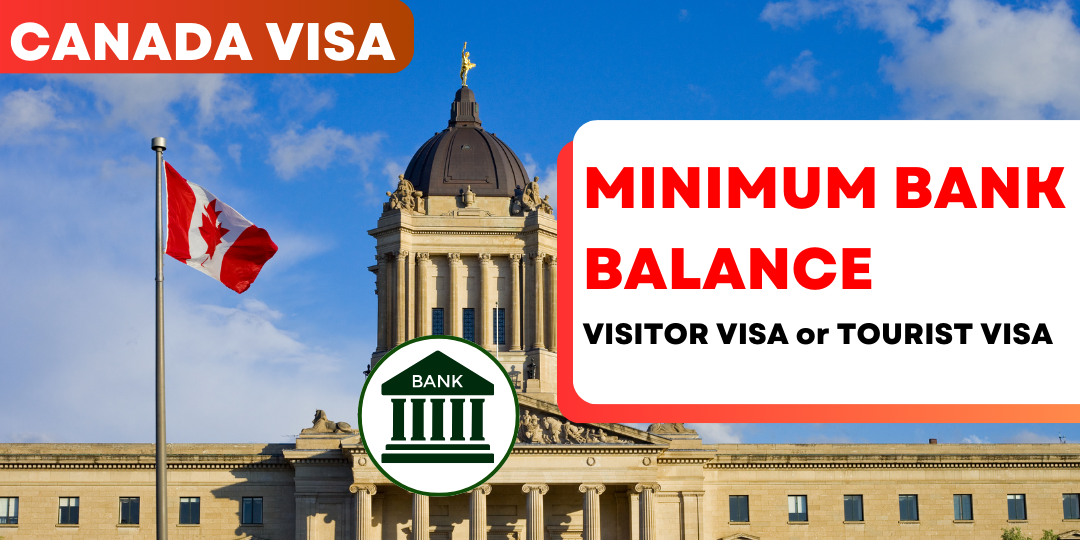 Canadian flag waving near a government building with text overlay: "Canada Visa - Minimum Bank Balance for Visitor Visa or Tourist Visa.