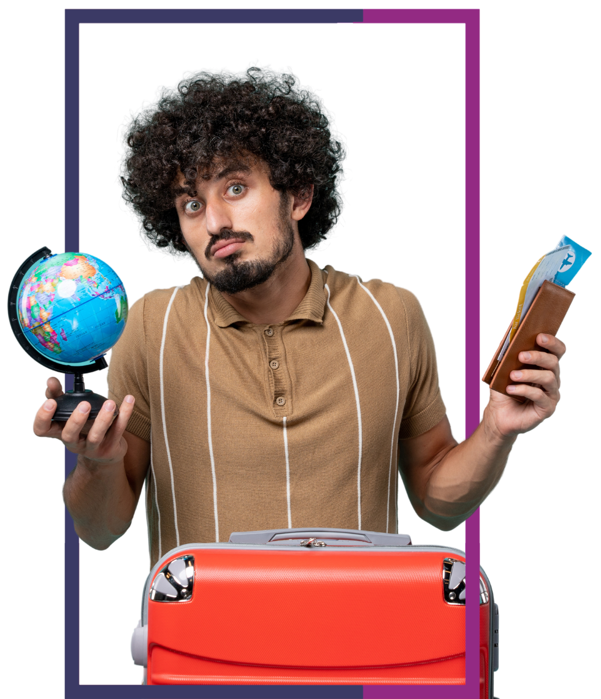 Confused man holding a globe and travel documents with a suitcase, representing the range of services provided by USA study visa consultants, including visa consultancy, admission assistance, financial aid guidance, and pre-departure support for students.