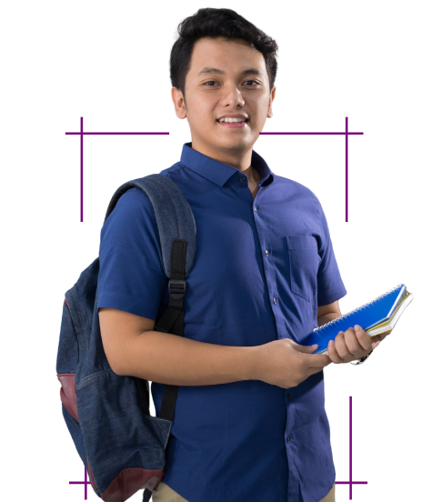 Smiling student with a backpack and notebook, representing the comprehensive services provided by USA study visa consultants, including visa consultancy, admission assistance, financial aid guidance, and pre-departure support.