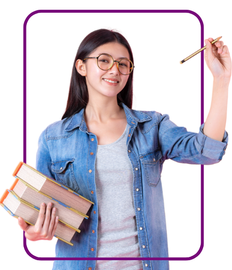 Smiling woman holding books and raising a pencil, representing the fundamental sections assessed by Canadian immigration officials for eligibility criteria in the Canada immigration program, with guidance from expert consultants.