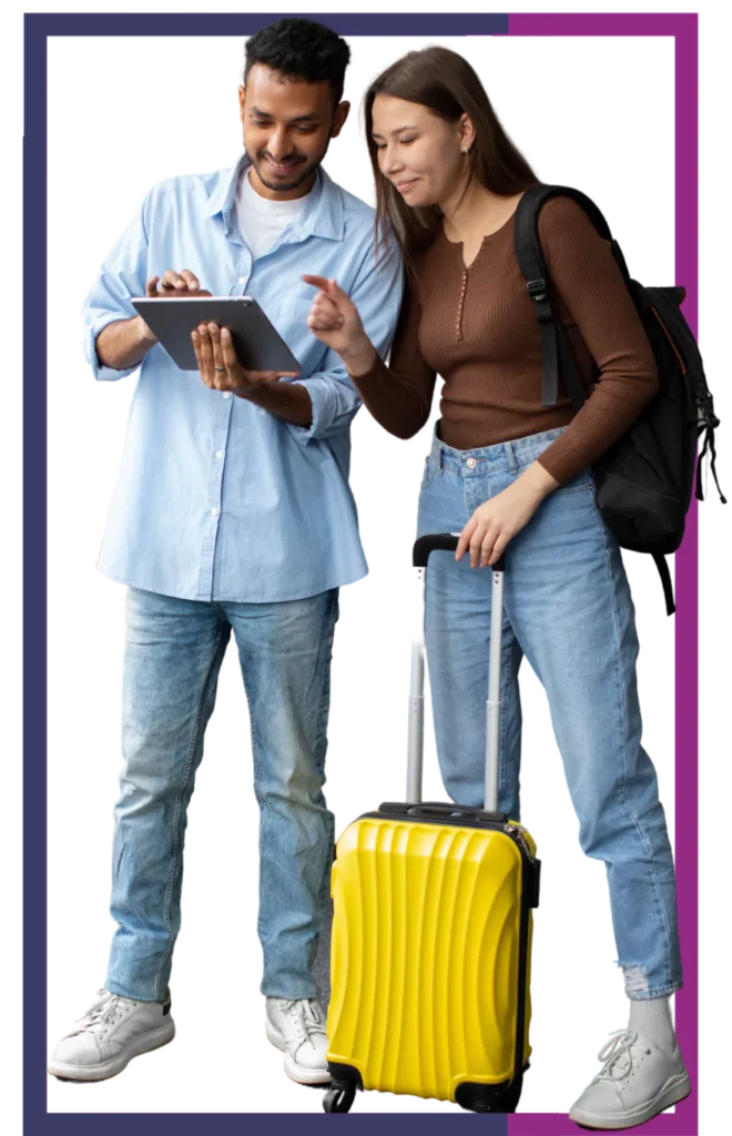 Man and woman reviewing documents on a tablet, with a yellow suitcase beside them, highlighting the required documents for a Canada work visa application including passport, photos, language test results, job offer, LMIA, work experience letters, educational certificates, police clearance, medical exam results, proof of funds, marriage certificate, and birth certificates.