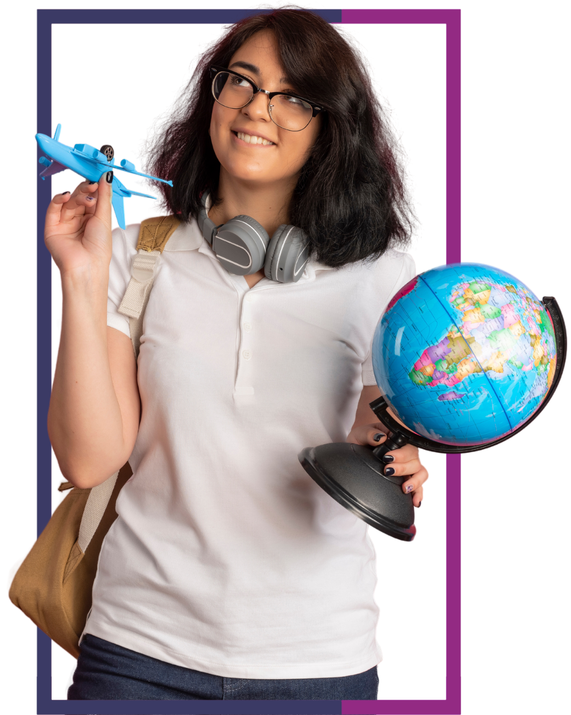 Smiling woman holding a globe and toy airplane, representing Profound Eduroute's comprehensive IELTS and PTE coaching and immigration support services in Ahmedabad to help students achieve their dreams of studying and building successful international careers.