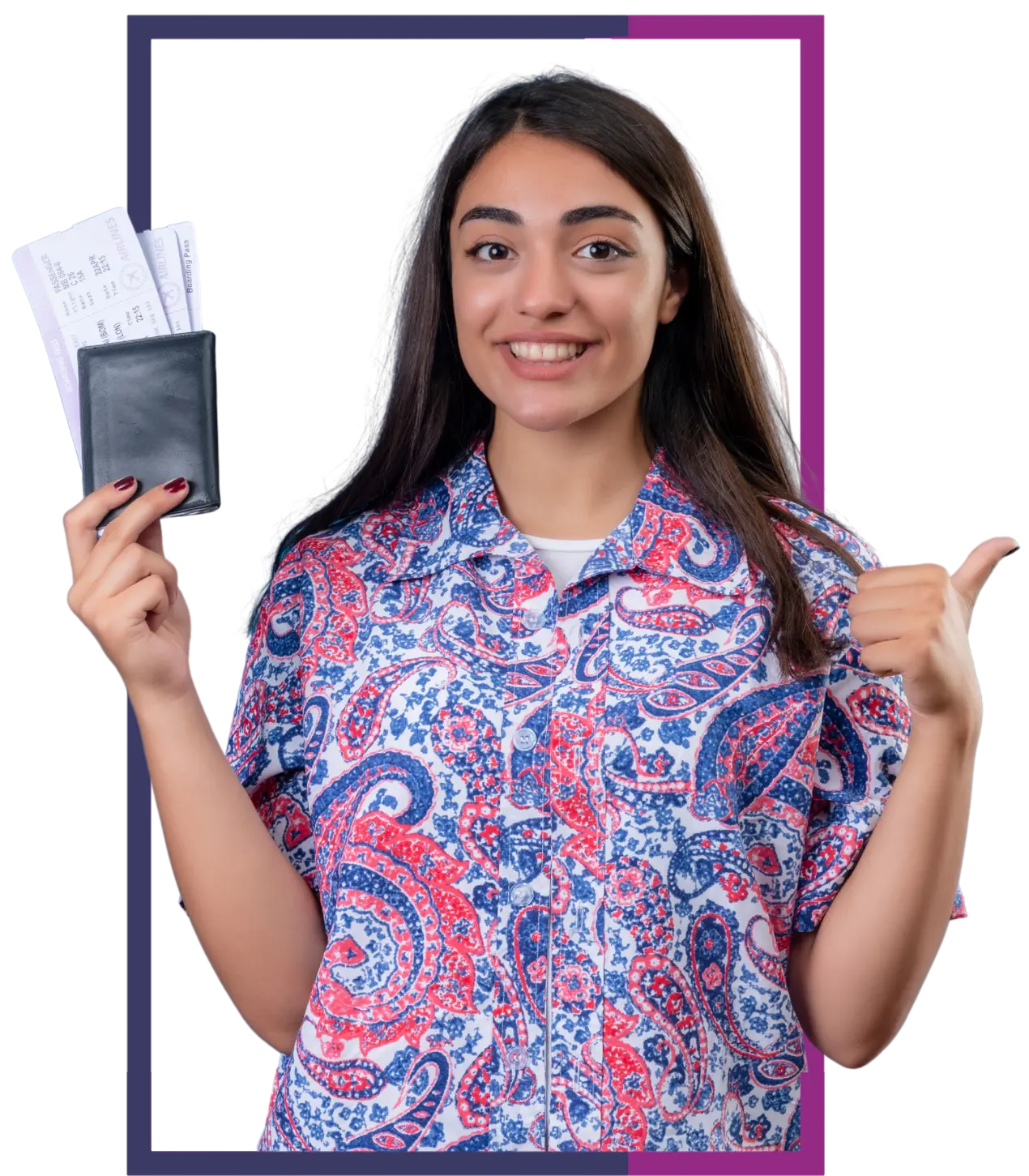 Smiling woman holding travel documents and giving a thumbs-up, representing the reliable and professional guidance provided by Canada study visa consultants to help students achieve their goals of studying abroad in top universities or colleges.