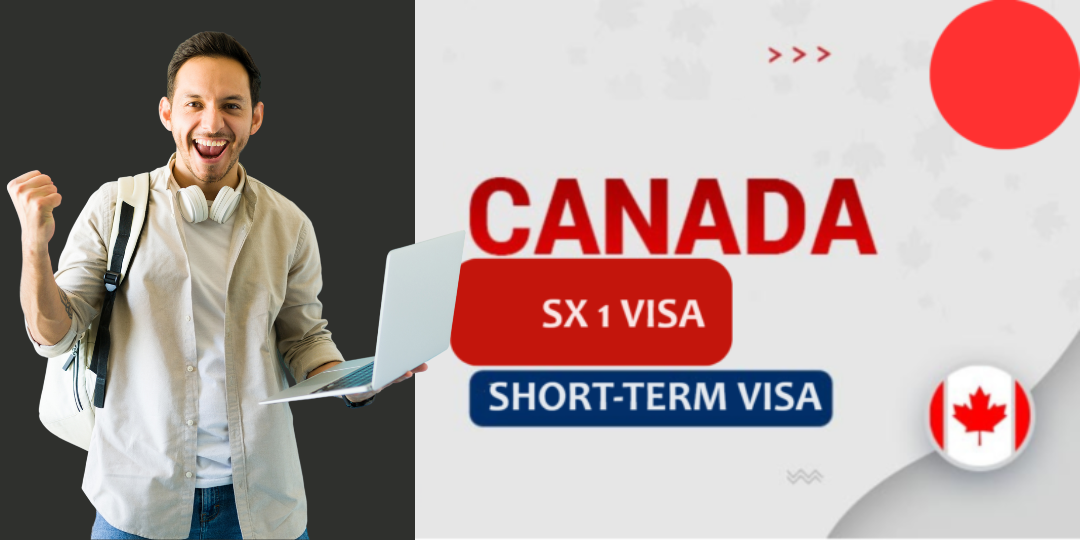 Happy man with a laptop and backpack, celebrating the SX 1 Visa application for Canada, highlighting its quick and easy process for short-term stays