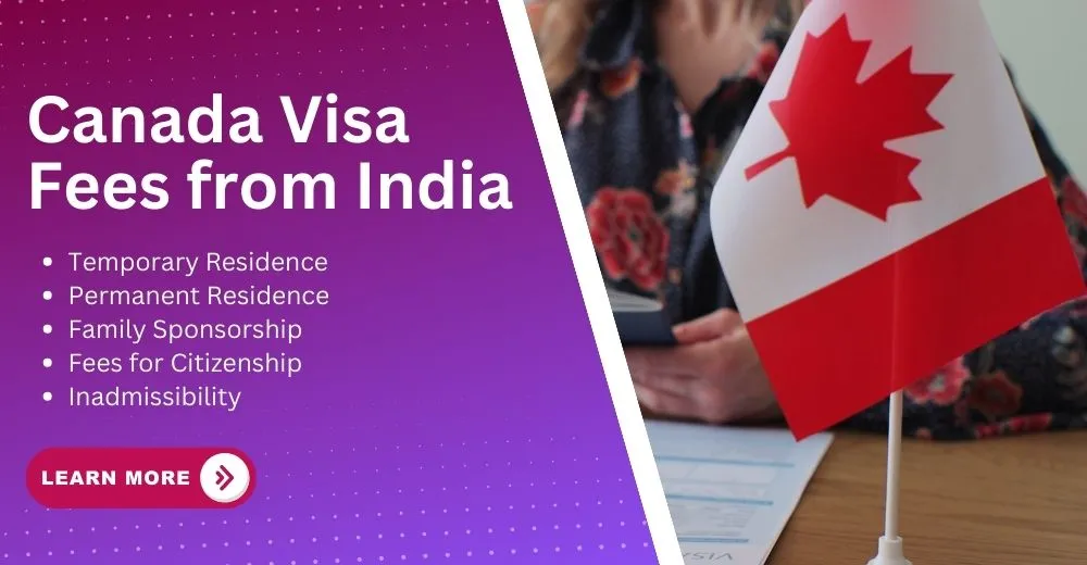 Informational banner on Canada visa fees from India, including categories like temporary residence, permanent residence, family sponsorship, and citizenship, with a Canadian flag in the foreground.