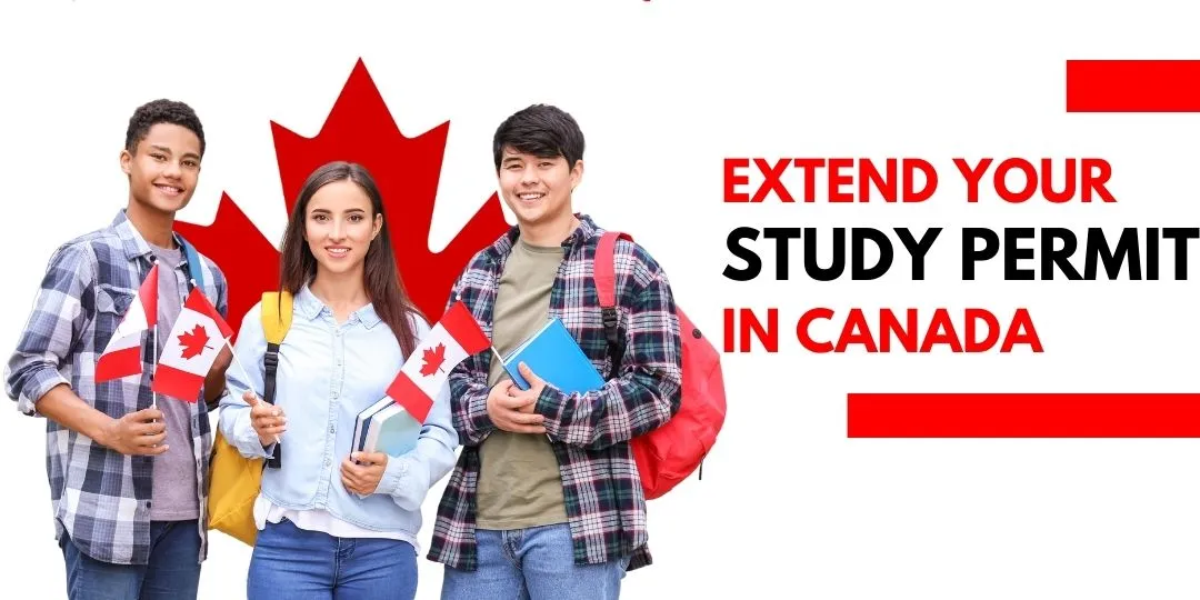 Three international students holding Canadian flags and study materials, smiling in front of a Canadian flag backdrop with the text "Extend Your Study Permit in Canada," representing a guide on renewing study permits in Canada.