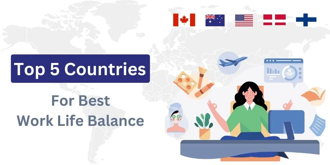 Illustration of a woman meditating at a desk with icons representing best work life balance countries.