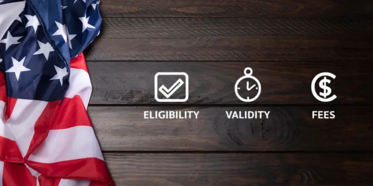 "US flag with icons for eligibility, validity, and fees, representing key factors in applying for a US work visa from India, including requirements for Indian citizens and visa processing details."