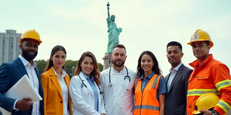 "Group of diverse professionals, including engineers, doctors, and business people, standing in front of the Statue of Liberty, symbolizing career opportunities for Indian citizens applying for US work visas to advance their careers globally."