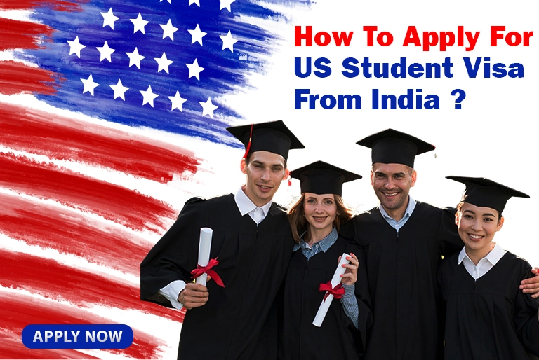 Group of international students wearing graduation caps and gowns, holding diplomas in front of an American flag background, promoting information on how to apply for a US student visa from India.