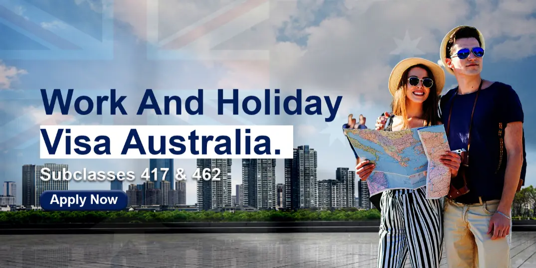 Young couple exploring a cityscape while holding a map, promoting Australia's Work and Holiday Visa program, Subclasses 417 and 462. The image features the text "Work and Holiday Visa Australia" and an "Apply Now" button.