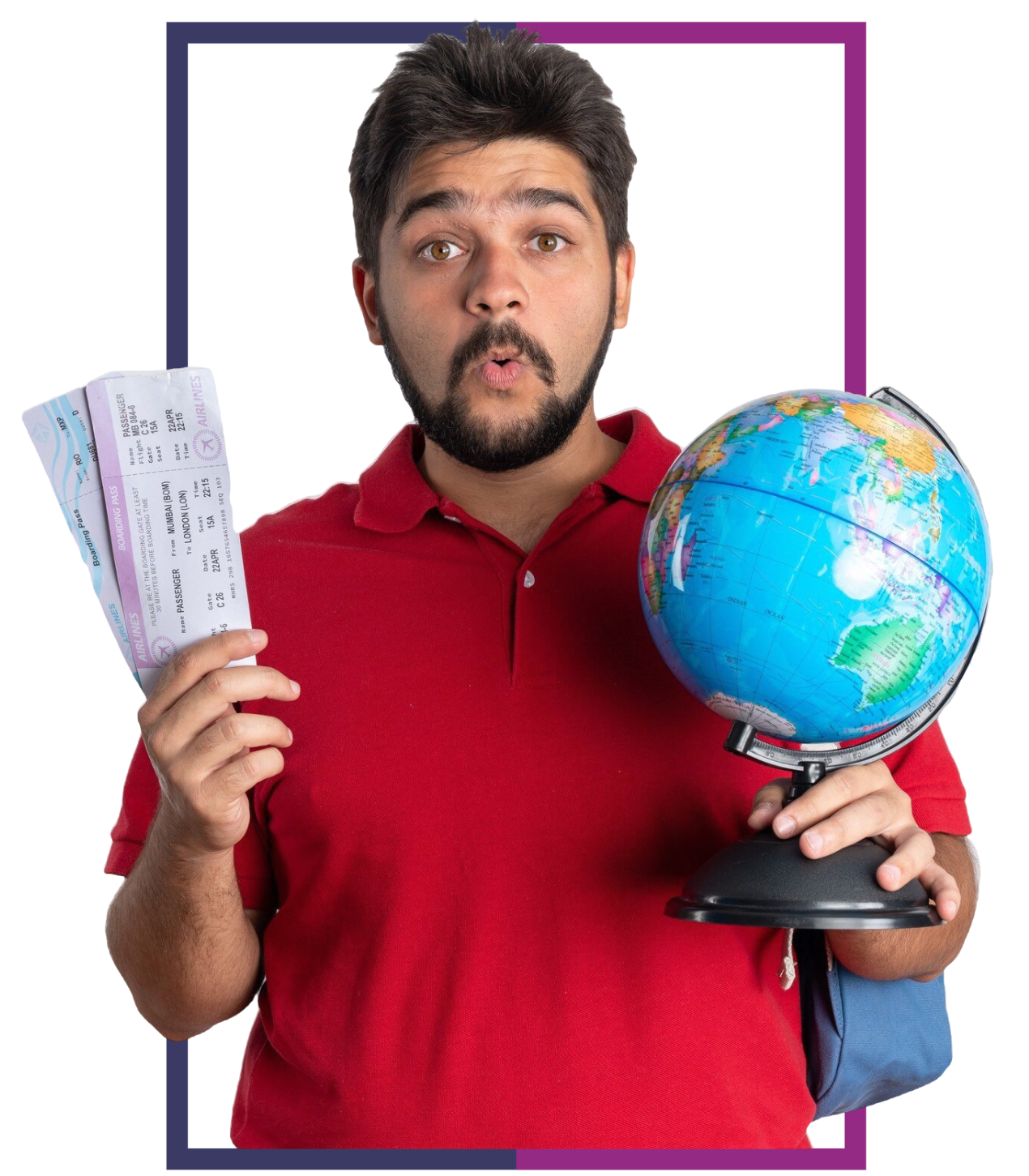 Surprised man holding airline tickets and a globe, symbolizing international travel and the assistance of US visitor visa consultants in Ahmedabad for a seamless visa process.
