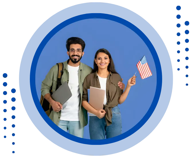 Smiling Indian students holding US flag and study materials, symbolizing successful visa application support from trusted US student visa consultants in Ahmedabad for admission, documentation, and interview guidance