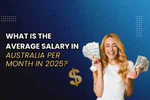 Person handing over US dollar bills to another person with bold text "average salary in australia per month (2025)" in the background, representing salary trends and income data in Australia for 2025.