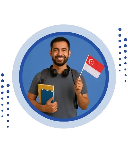Smiling student with books and headphones holding Singapore flag, representing authorized visa agent for Singapore in India through Eduprofound