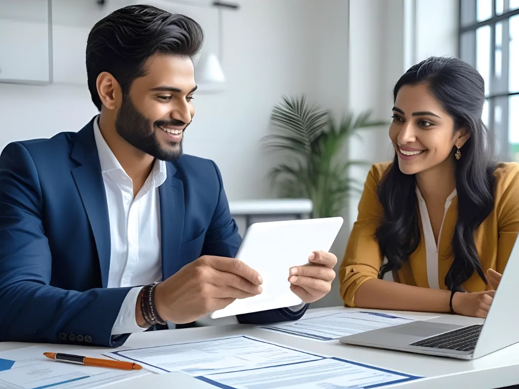 Two professionals discussing work visa documents on a tablet, reflecting Eduprofound's clear, transparent, and reliable work permit visa consultancy in Ahmedabad, providing end-to-end support for securing overseas employment and visa approvals.