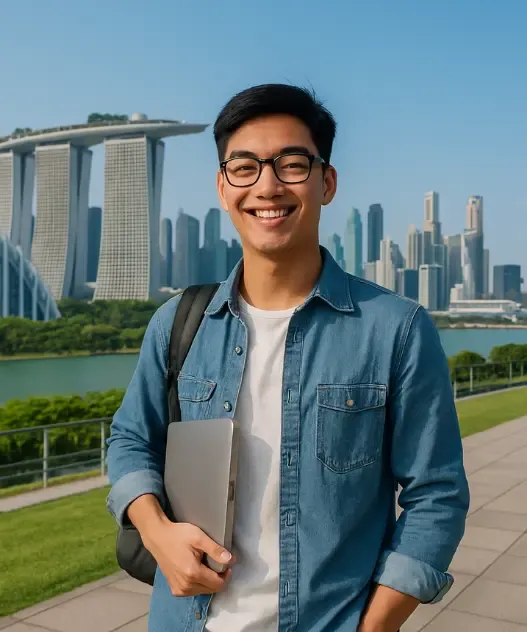 Smiling Indian student holding laptop in front of Marina Bay Sands in Singapore, symbolizing study abroad opportunities and support from authorized visa agents for Singapore in India