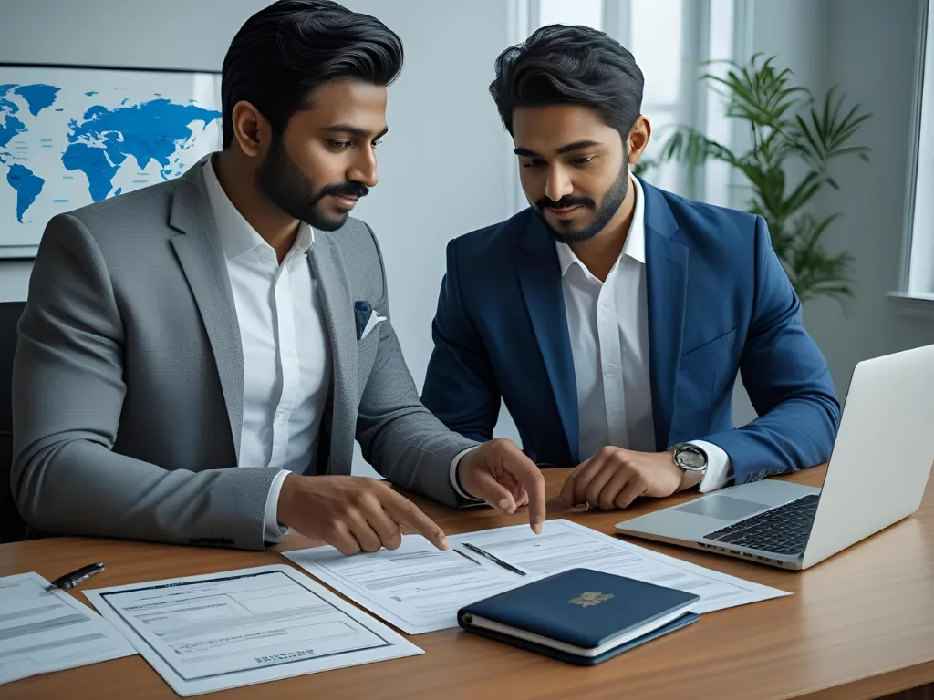 Two men discussing work permit visa documents and reviewing a passport, symbolizing the expert and personalized services provided by Eduprofound, one of the best work visa consultants in Ahmedabad.