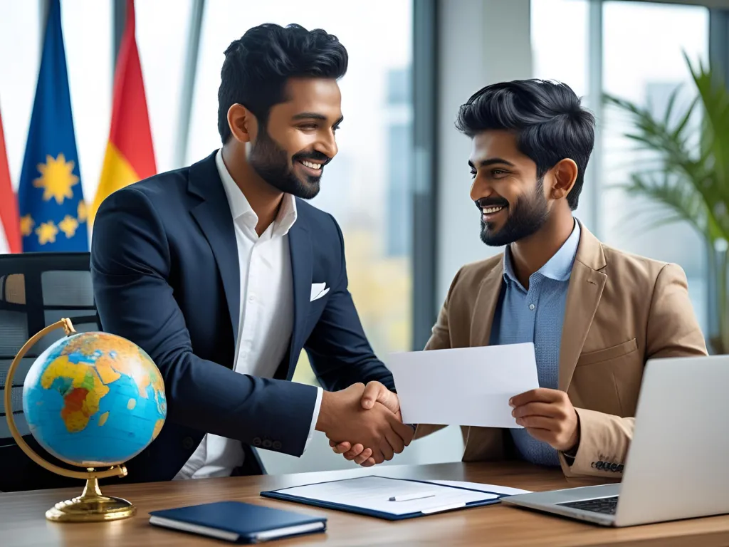 Two professionals shaking hands in a modern office, celebrating successful work visa approval and job placement, reflecting Eduprofound’s expertise in securing work visas and connecting clients with legitimate overseas employers in countries like Canada, the UK, and the UAE.