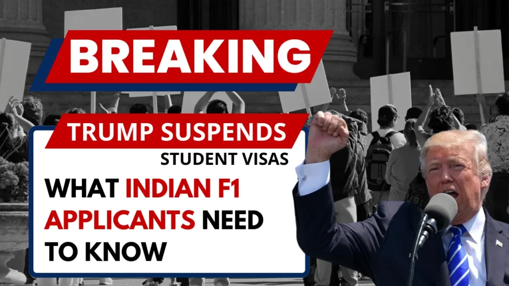 Donald Trump delivering a speech with raised fist in front of protesting crowd, with headline announcing suspension of F1 visa USA for new foreign students at Harvard, impacting Indian applicants planning to study in the United States