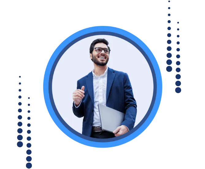 Professional work permit visa consultant in Ahmedabad smiling and holding a laptop, offering expert guidance for a seamless work visa process.