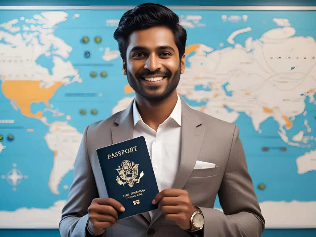 A confident professional holding a passport, standing against a world map, symbolizing the successful guidance of Eduprofound, the best work visa consultant in Ahmedabad, for securing international work visas.