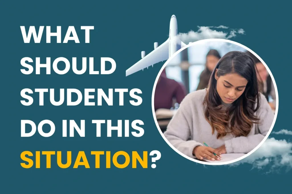 Indian student in a classroom setting with text overlay asking “What should students do in this situation?” highlighting guidance on F1 visa USA, US student visa requirements, and visa scheduling challenges in India.