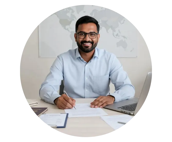 Work visa consultant in Ahmedabad smiling while reviewing documents and assisting clients with work permit visa applications, offering expert guidance for a smooth visa process.