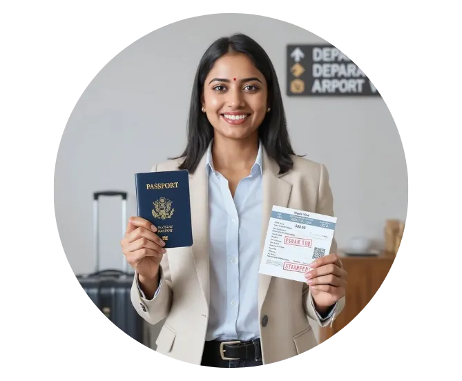 A smiling woman holding her passport and stamped work visa, ready to travel for her job abroad, symbolizing the successful completion of the work visa application process with expert assistance from a work visa consultant in Ahmedabad.