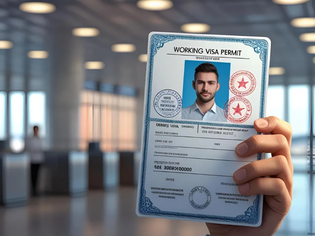 Close-up of a hand holding a work visa permit, showing a formal document with a photo and stamps, symbolizing the legal authorization to work in a foreign country. Ideal for those seeking assistance from a work visa consultant in Ahmedabad.