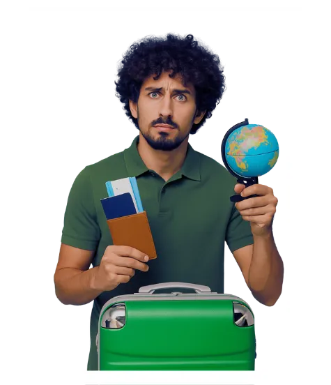 Confused traveler with suitcase holding passport and globe, representing the need for trusted New Zealand visa consultants at Eduprofound to simplify study, work, and PR immigration processes Ask ChatGPT
