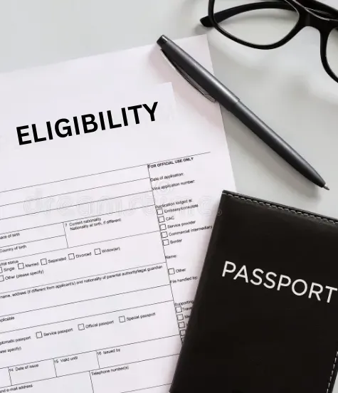 Close-up of an eligibility document, a passport, and pen, symbolizing the Ireland study visa application process for Indian students. Key requirements include university acceptance, proof of financial capability, passport validity, and English language proficiency.