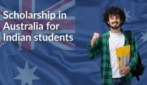 Smiling Indian student with backpack and documents celebrating scholarships opportunity in Australia, standing in front of Australian flag with text "Scholarship in Australia for Indian students" — representing fully funded scholarships for Indian students to study in Australia.