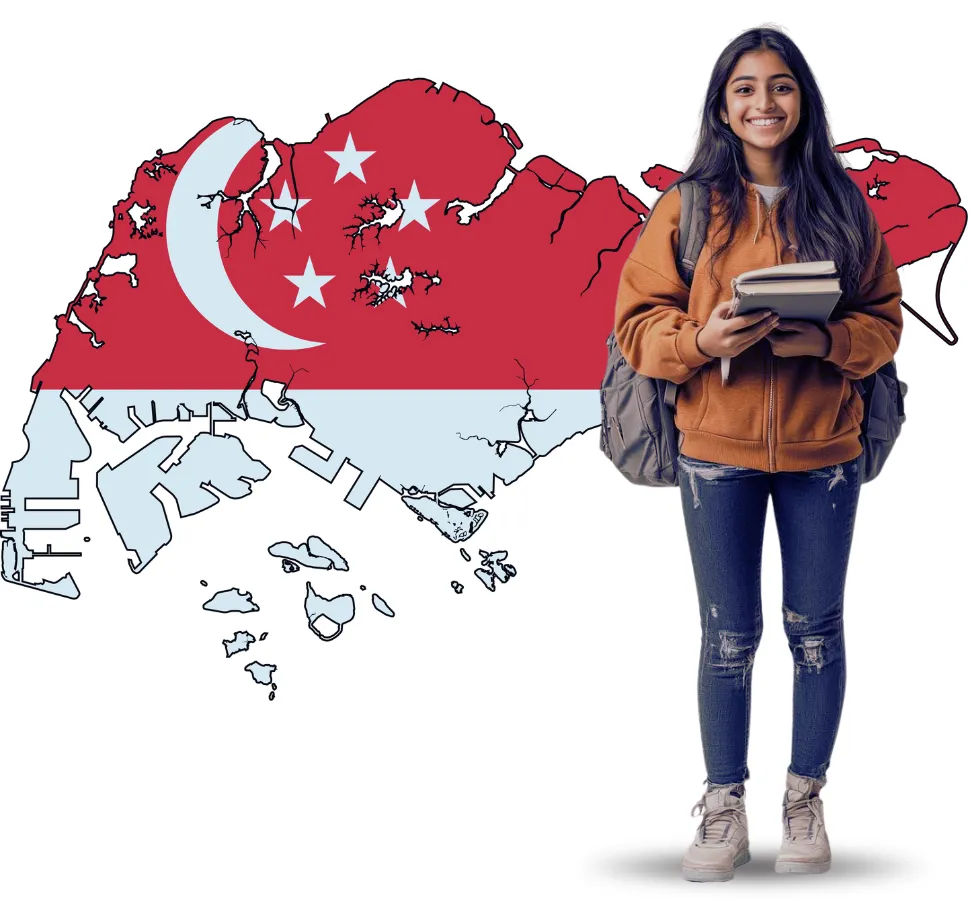 Smiling Indian student holding books and wearing a backpack in front of Singapore flag map, representing detailed eligibility criteria for Singapore student visa including SOLAR registration, financial proof, academic qualifications, and language proficiency Ask ChatGPT