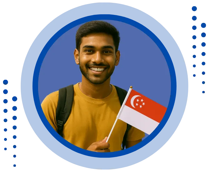 Smiling Indian student holding Singapore flag with backpack, representing guidance on Singapore study visa application, fees, and requirements for Indian students
