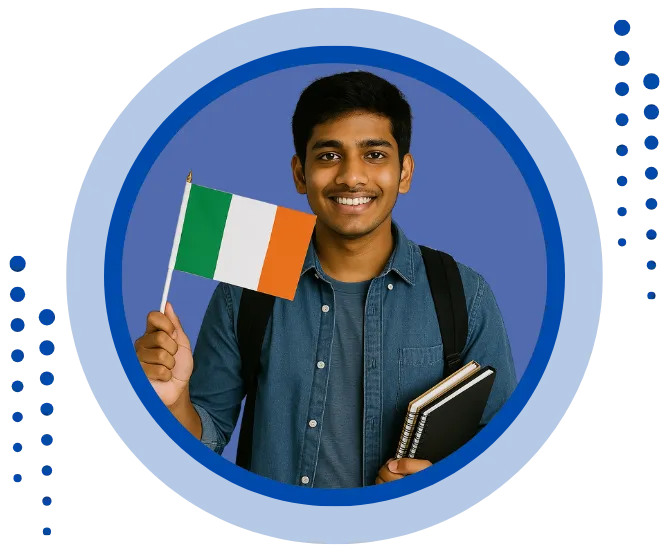 Smiling student holding an Ireland flag and notebooks, representing guidance from Ireland education consultants for Indian students planning to study in Ireland. Keywords: Ireland education consultants, study in Ireland consultants, Ireland study visa for Indian students.
