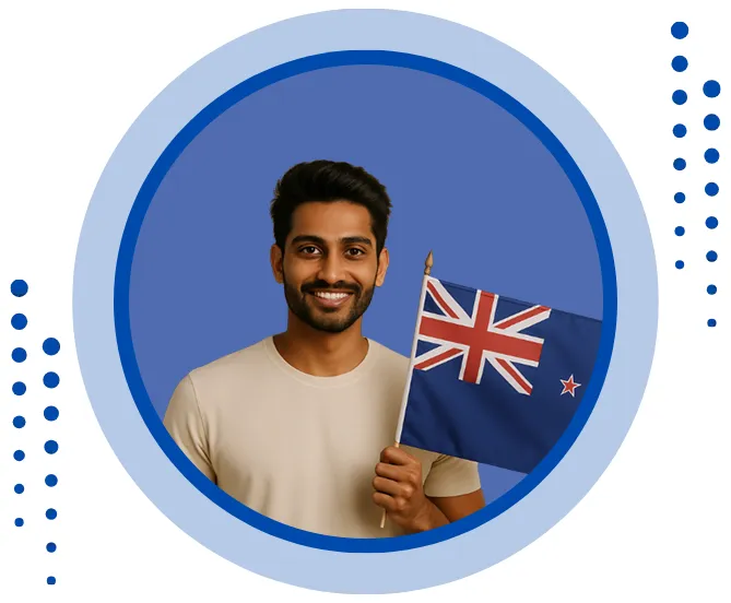 Smiling Indian man holding New Zealand flag representing trusted New Zealand visa consultants in Ahmedabad for study, work, and immigration guidance