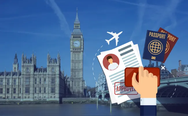 Illustration showing UK immigration process with approved visa documents, passports, and airplane flying over Big Ben, representing recent policy changes and immigration services for applicants to the UK.