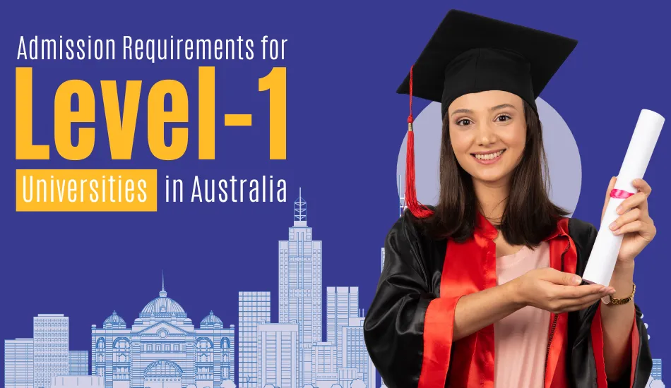 Smiling Indian female graduate in cap and gown holding diploma, with Australian city skyline background, representing admission criteria and scholarship opportunities for Indian students at level 1 universities in Australia.