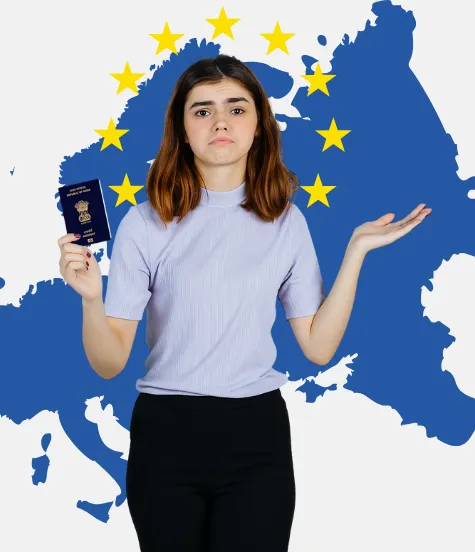 Confused young woman holding an Indian passport in front of Europe map, symbolizing the need for expert guidance from EduProfound’s Europe work permit consultants in Ahmedabad.