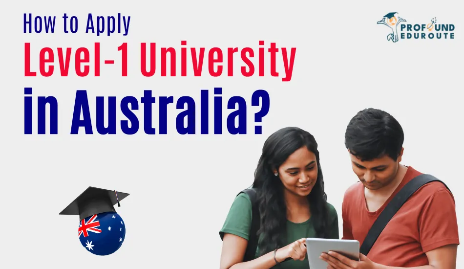 Two Indian students looking at a tablet, discussing application steps for level 1 universities in Australia, with Australian graduation cap graphic, highlighting scholarships and admission process for Indian students.