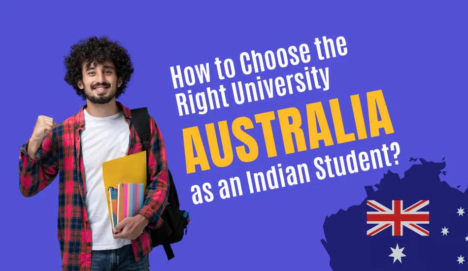 Smiling Indian male student holding books and yellow folder with Australian flag map in background, representing guide on selecting the right university in Australia with scholarship opportunities for Indian students.