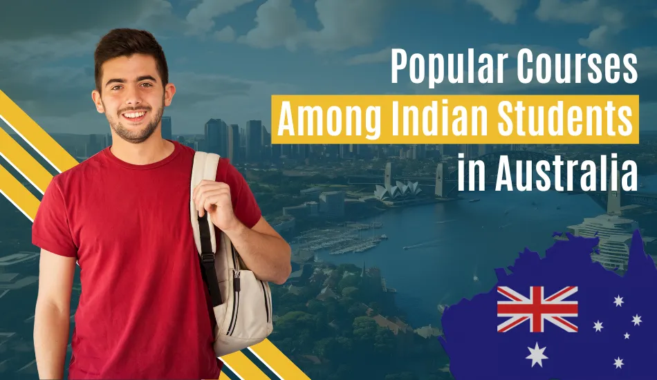 Smiling male student in red t-shirt with backpack standing against Sydney city skyline and Australian flag map, representing top courses chosen by Indian students at public, private, and level 1 universities in Australia.