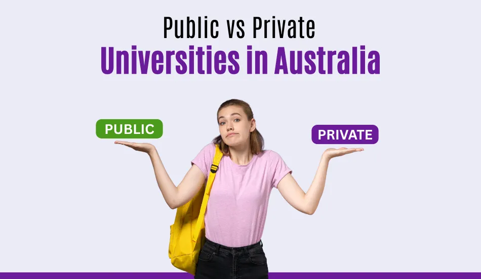 Female student in pink t-shirt holding out hands comparing public and private universities in Australia, representing a guide on choosing between level 1, level 2, and tier 1 universities for international students.