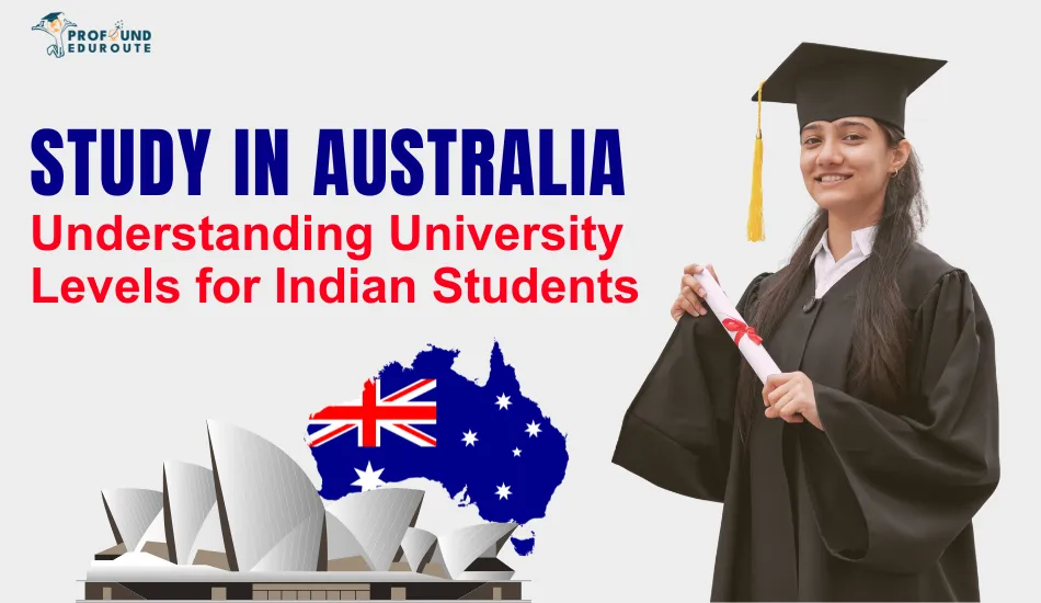 Indian female graduate holding degree scroll in cap and gown, with Australian map and Sydney Opera House in background, promoting guide to university levels and scholarships for Indian students to study in Australia.