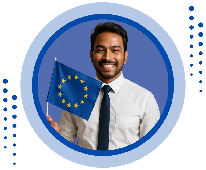 Smiling professional holding European Union flag, representing trusted Europe work permit consultants in Ahmedabad for seamless work visa processing.